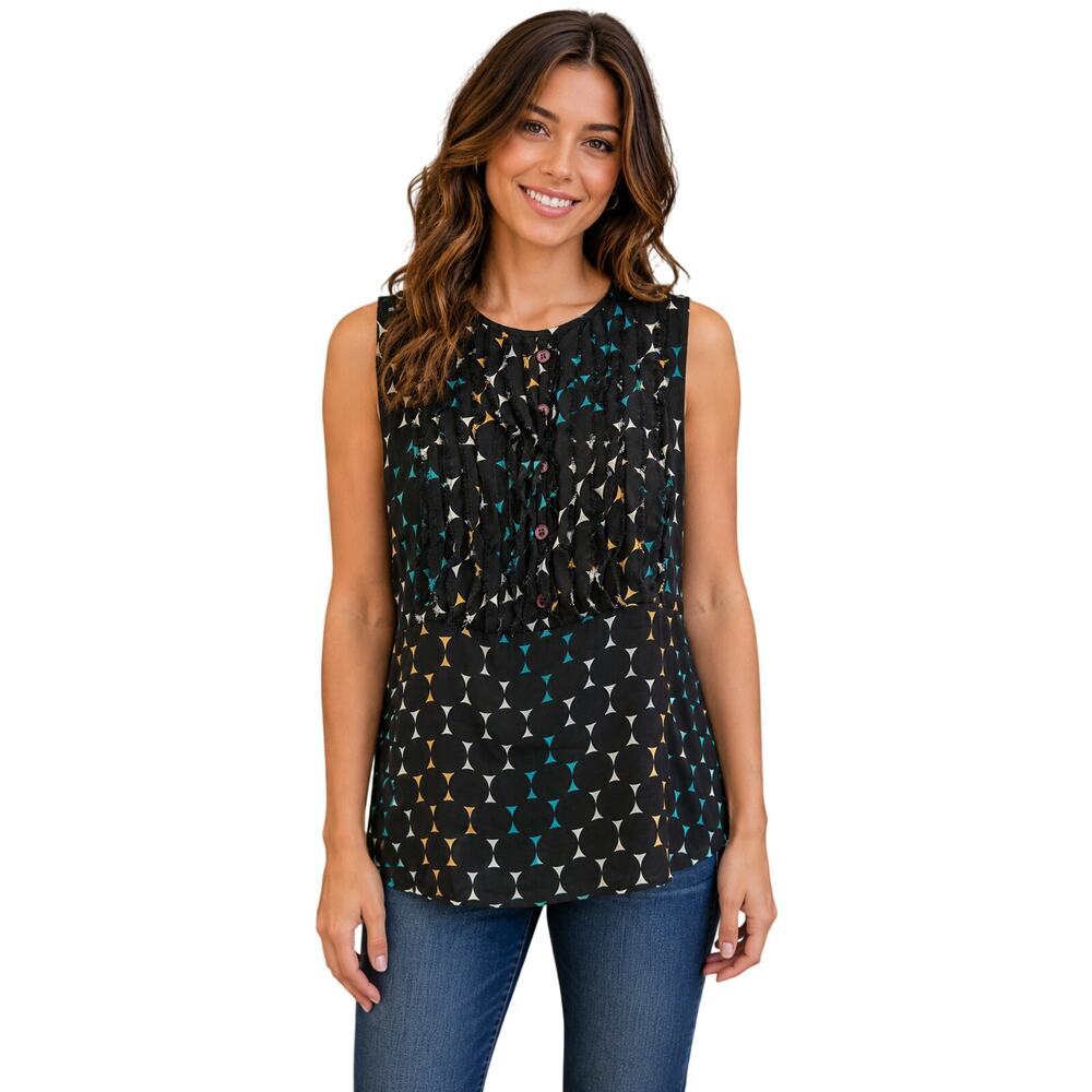 Tory burch 100% silk sz 4 black multicolor polkadot frill ruffle career EUC top
